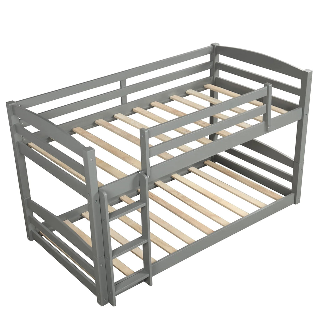 Merax Twin Over Twin Floor Bunk Beds with Ladder and Guardrail, Gray
