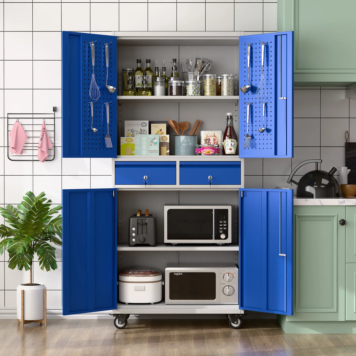 SUPEER 71" Metal Storage Cabinets with Wheels and Pegboards, Industrial Cabinet with 2 Drawers and 2 Adjustable Shelves,, Assembly Required