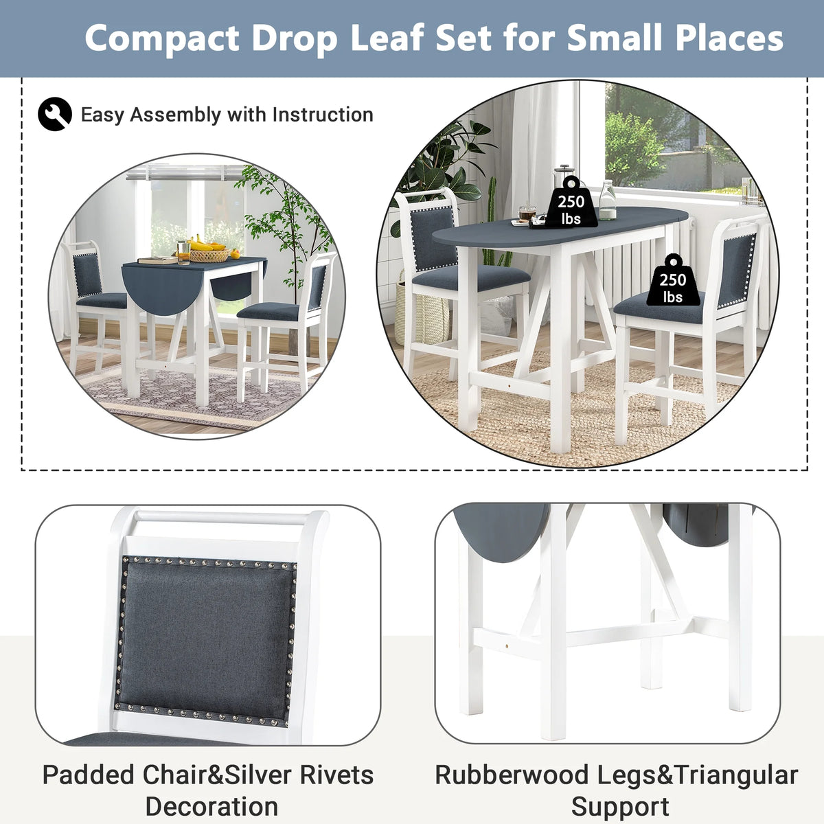 Harper & Bright Designs 3 Piece Wood Folding Dining Table Set Drop Leaf Table with 2 Padded Counter Height Dining Chairs for Small Place, Brown