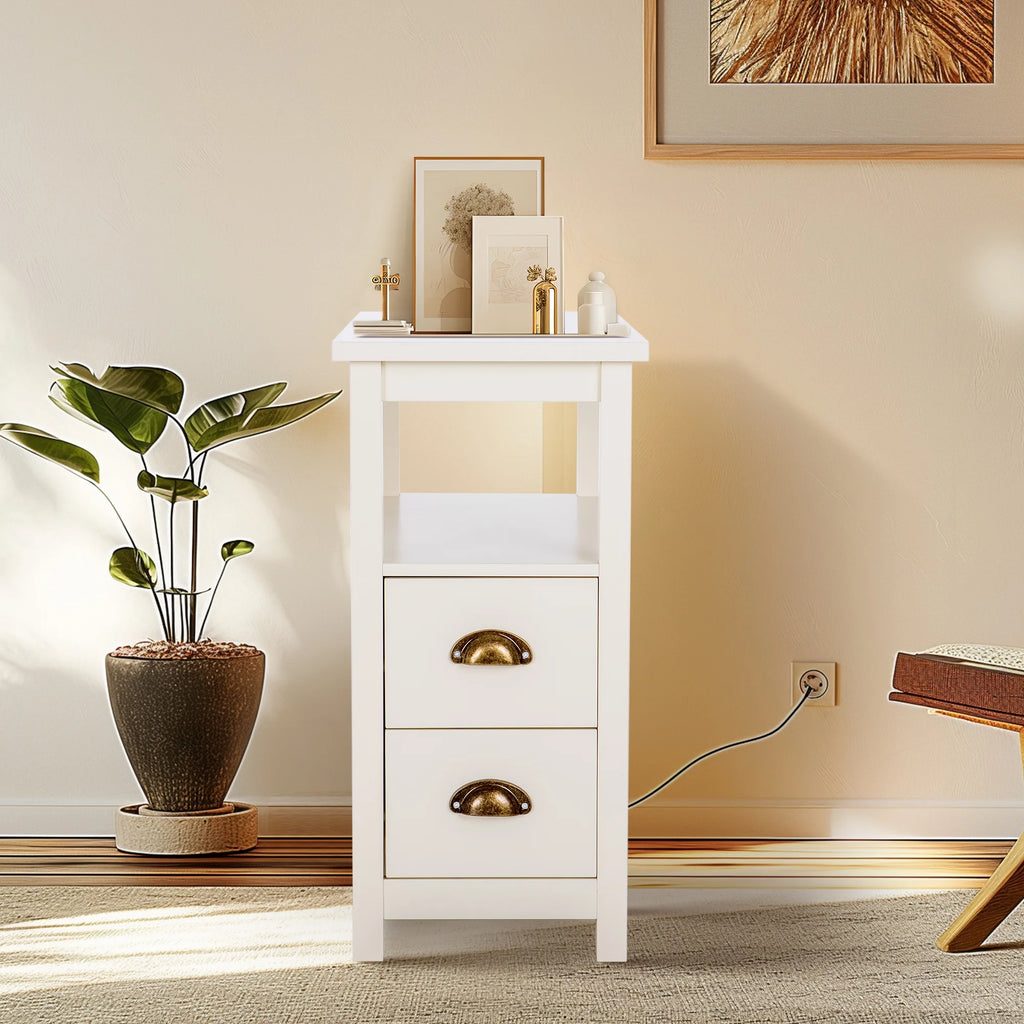 Alpha Joy Narrow End Table 4-Tier Small Side Table with 2 Drawers Nightstand Side Table Bedside Table Sofa Table, White, 2PCs