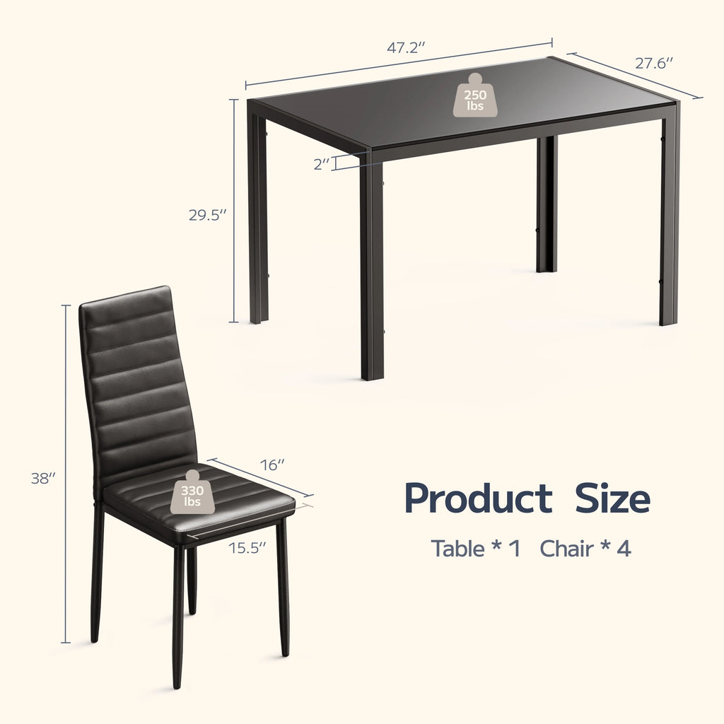 Asofer Modern 7 Piece Dining Table Sets for 6, Glass Kitchen Table, PU Leather Chair, Dining Room, Black