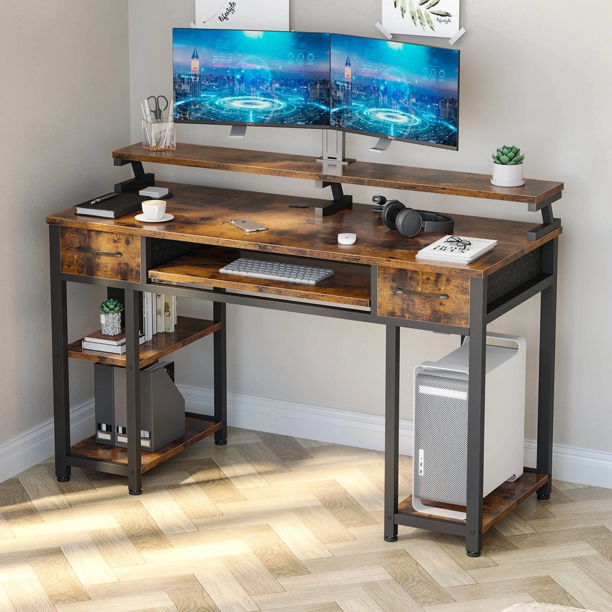 48 inch Computer Desk with Keyboard Tray, Gaming Writing Desk with Drawers/Monitor Stand Shelf/Removable Storage Shelves/CPU Stand for Home Office, Vintage