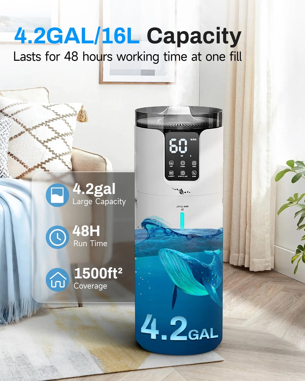 Lacidoll 4.2 Gal Humidifier for Large Room Bedroom, Top Fill, Essential Oil Tray, Touch and Remote Control