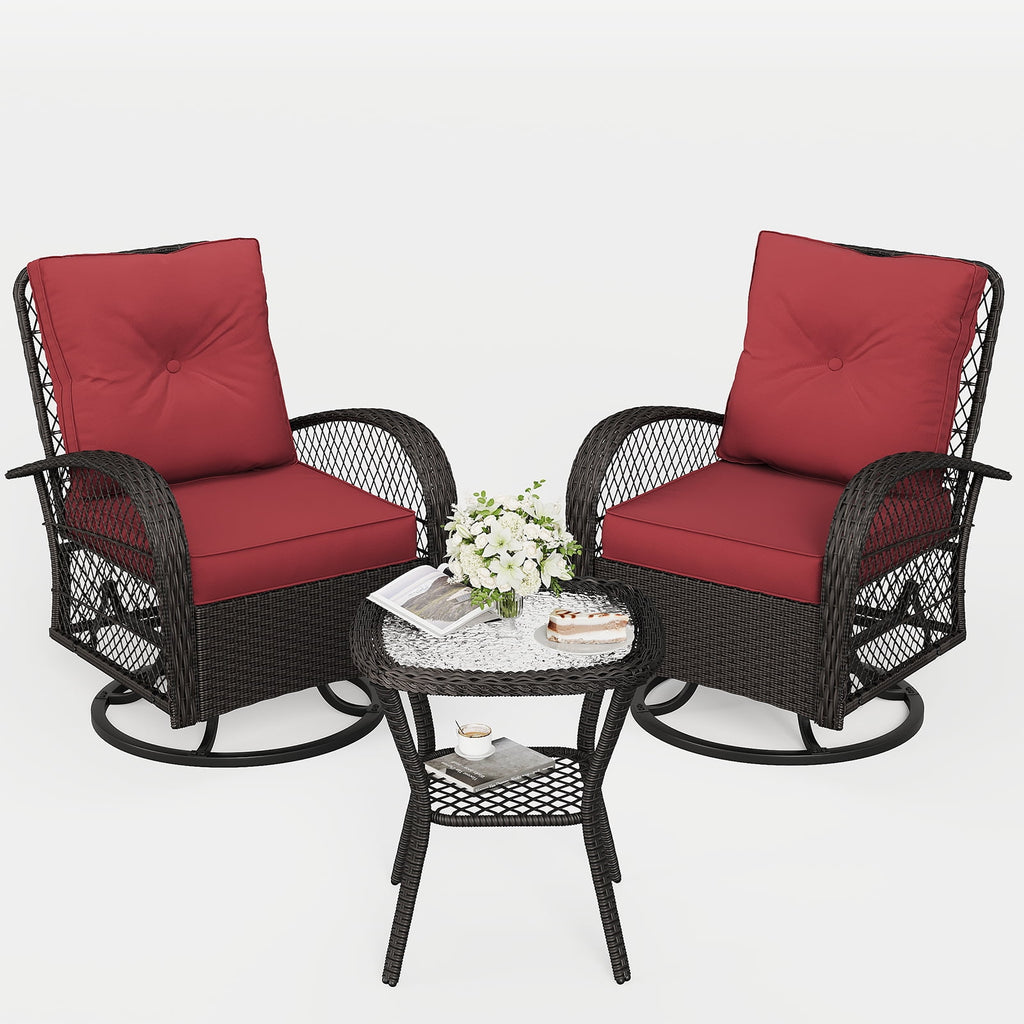 ELPOSUN 3 Pieces Patio Furniture Set, Outdoor Swivel Gliders Rocker, Wicker Patio Bistro Set with Rattan Rocking Chair, Glass Top Side Table and Thickened Cushions for Porch Deck Backyard