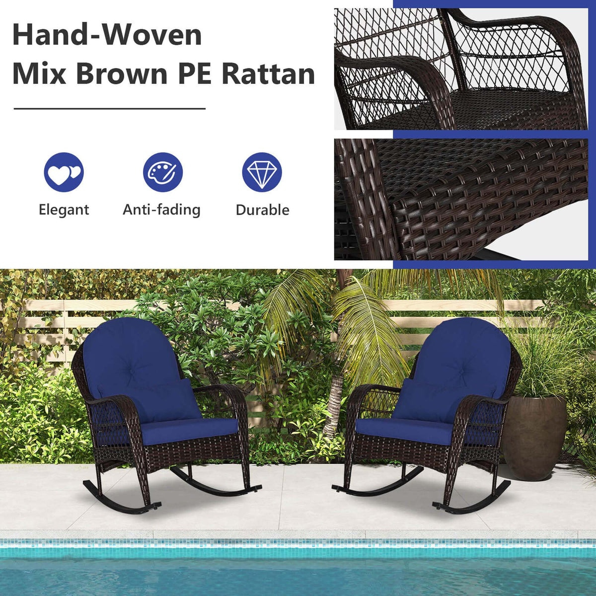Costway Patio Wicker Rocking Chair W/Seat Back Cushions & Lumbar Pillow Porch Off White