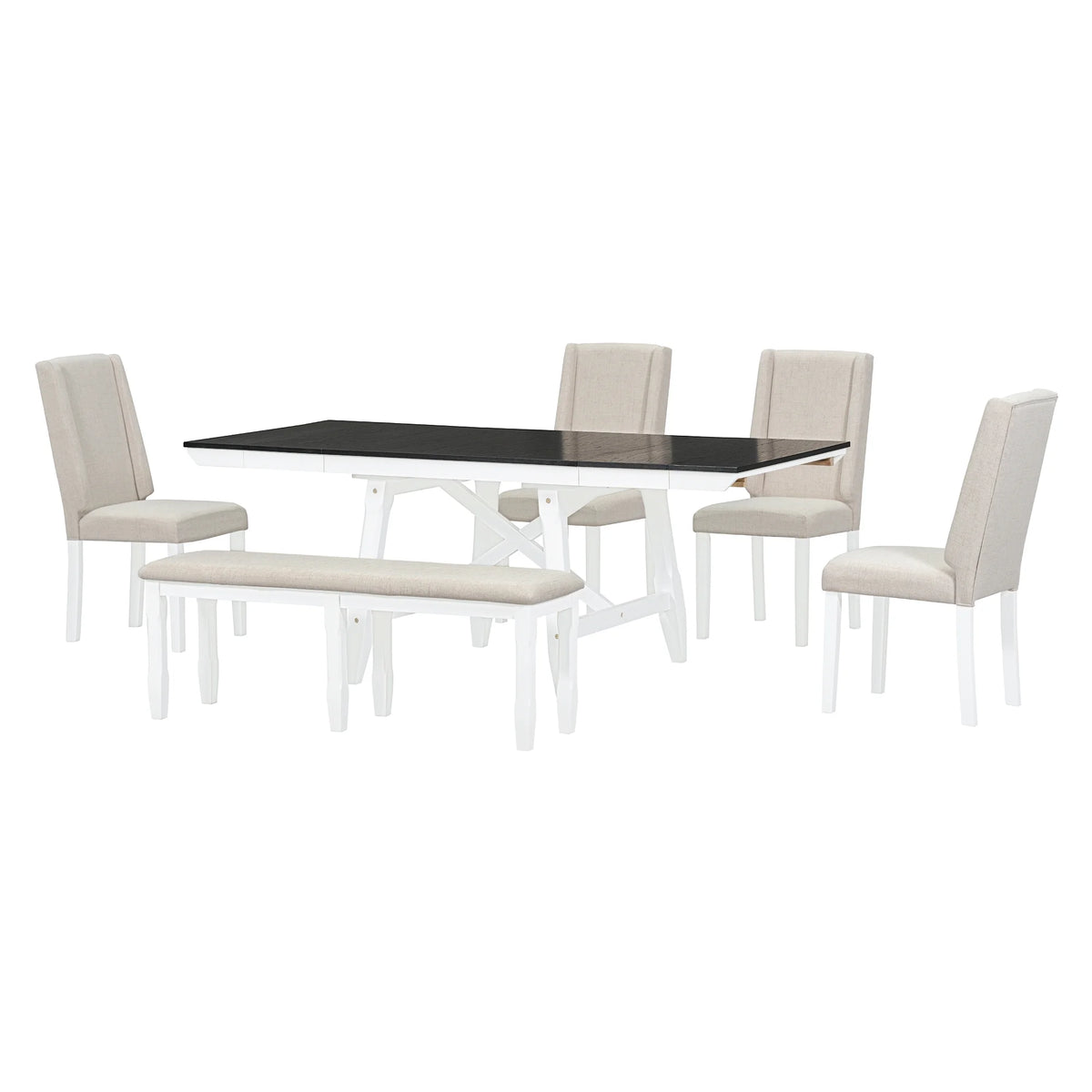 6 Piece Extendable Dining Table Set, Atumon Wood Dining Room Set for 6, Dining Table Set with 4 Beige Cushioned Chairs and Bench, Farmhouse Dining Table Set Furniture for Kitchen Dining Room, Natural