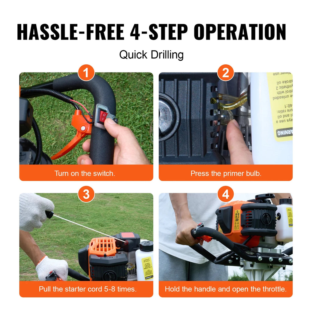 KFFKFF Gas Earth Auger, 52CC 1450W, includes 8�� Drill Bit & Extension Rod, Ideal for Garden, Farmland Fence Installation, Orange & Black
