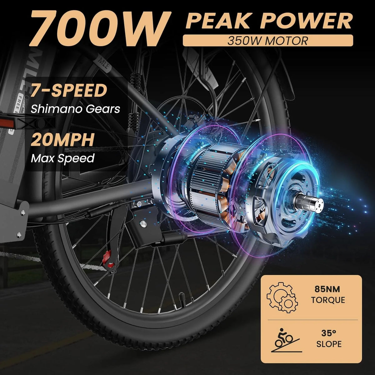 MOONCOOL Electric Bicycle for Adults 350W , 7-Speed Ebike with 36V 10.4Ah Removable Battery， 40 Miles Range , 20 mph Electric Commuter Bike for Women Men, Certified to UL 2849 by SGS
