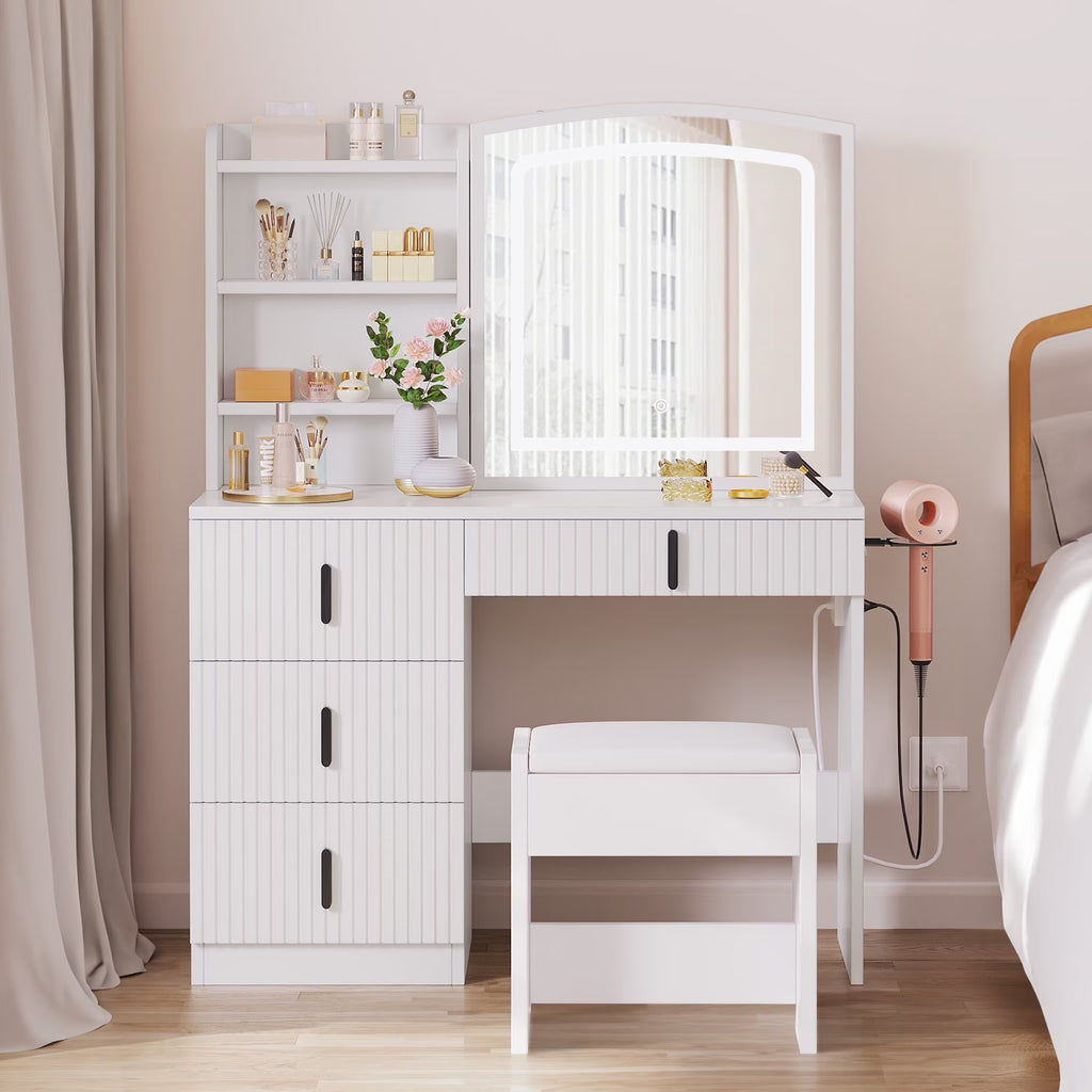 Dextrus Vanity Table Set with LED Lighted Mirror & Stool, Dressing Table with Sliding Mirror & Charging Station , Makeup Table with Storage Shelves & Drawers, White Vanity Desk for Bedroom, White