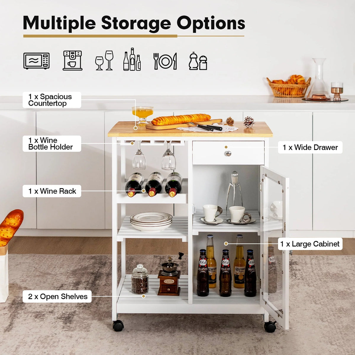 Costway Rolling Kitchen Island Wood Top Trolley Cart Storage Cabinet w/Shelf & Wine Rack