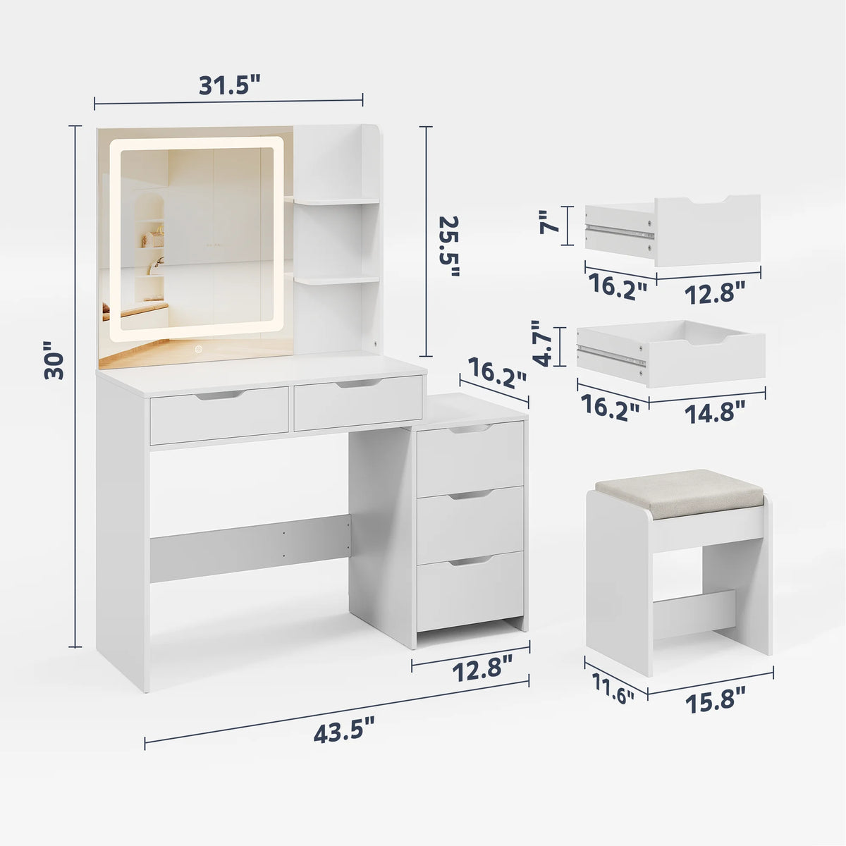 Vanity Desk, Lofka Makeup Vanity with Mirror and Lights, Large Vanity Table Set, White
