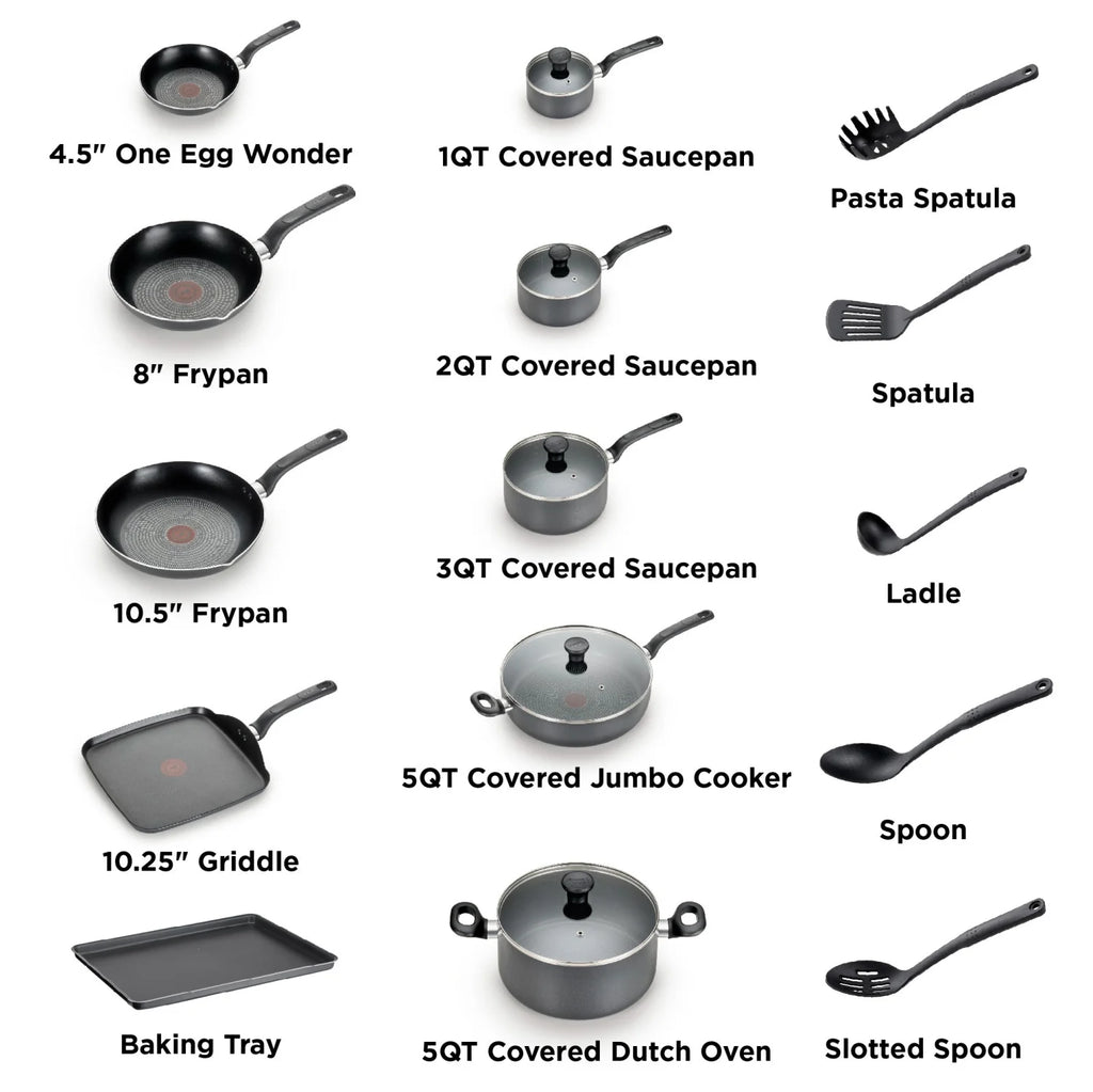 T-fal Easy Care, 20 Piece Non-Stick Pots and Pans Cookware Set, Grey