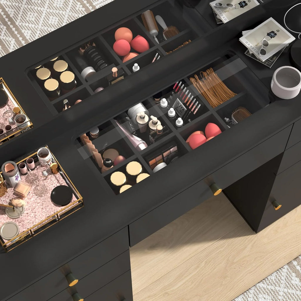 White Vanity Desk with Large Lighted Mirror & Power Outlet, Makeup Vanity Table with Glass Top & Drawers, Sliding Storage, 44.1" Large Makeup Vanity Table for Women Girls, White