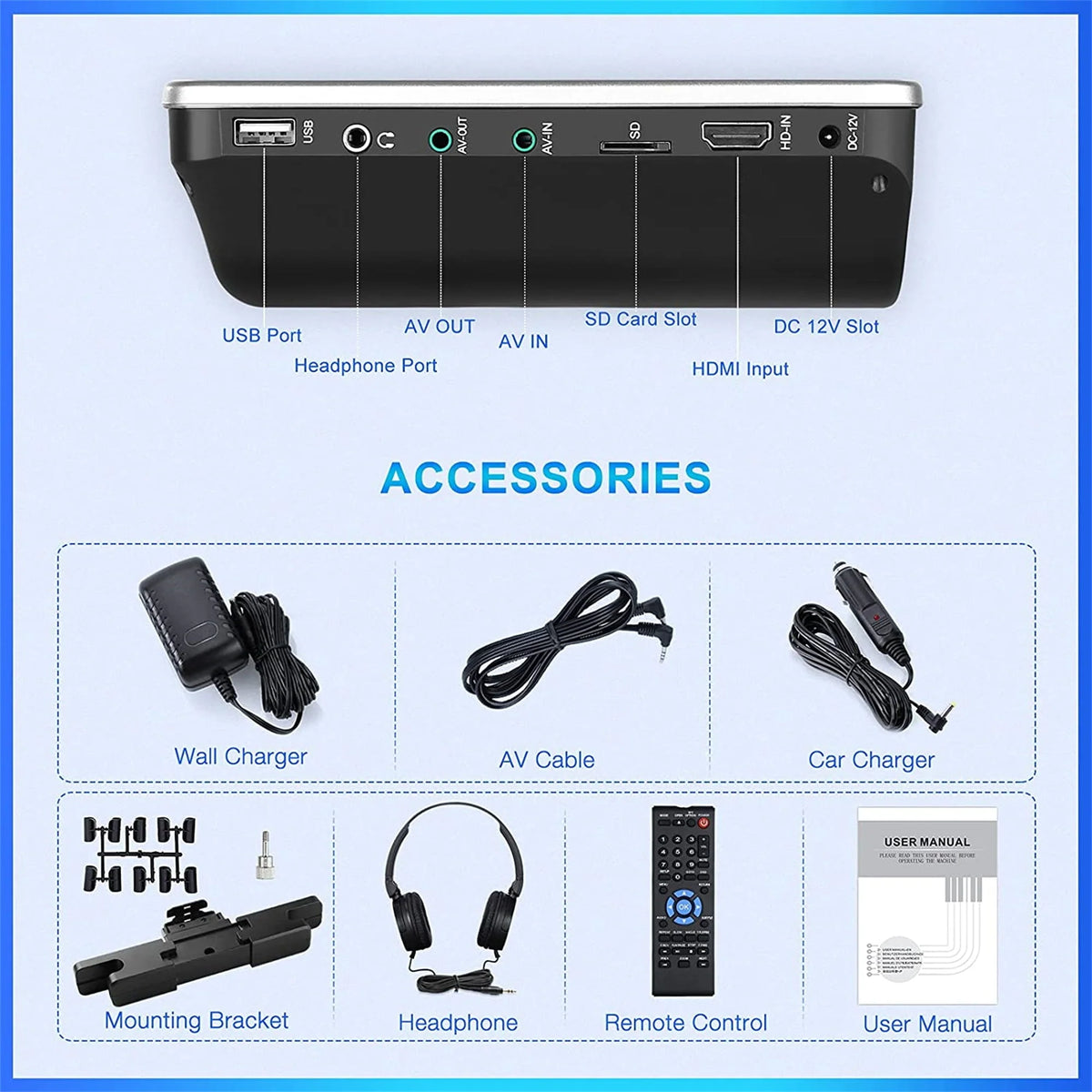 NAVISKAUTO 10.1" Portable DVD Player for Car with Headrest Mount Bracket HDMI Input Region Free Last Memory