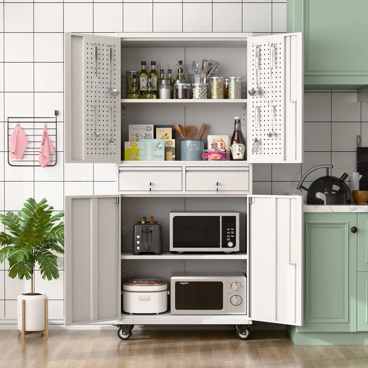 SUPEER 71" Metal Storage Cabinets with Wheels and Pegboards, Industrial Cabinet with 2 Drawers and 2 Adjustable Shelves,, Assembly Required