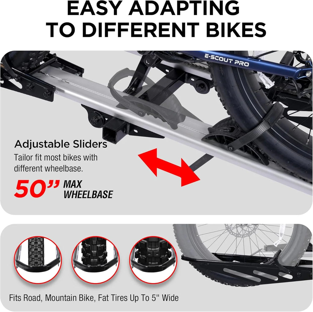 Young Electric Ebike Rack, 200lb Capacity, Alloy Steel Hitch Mount, Fits 5-Inch Fat Tire Bikes, 2-Inch Receiver