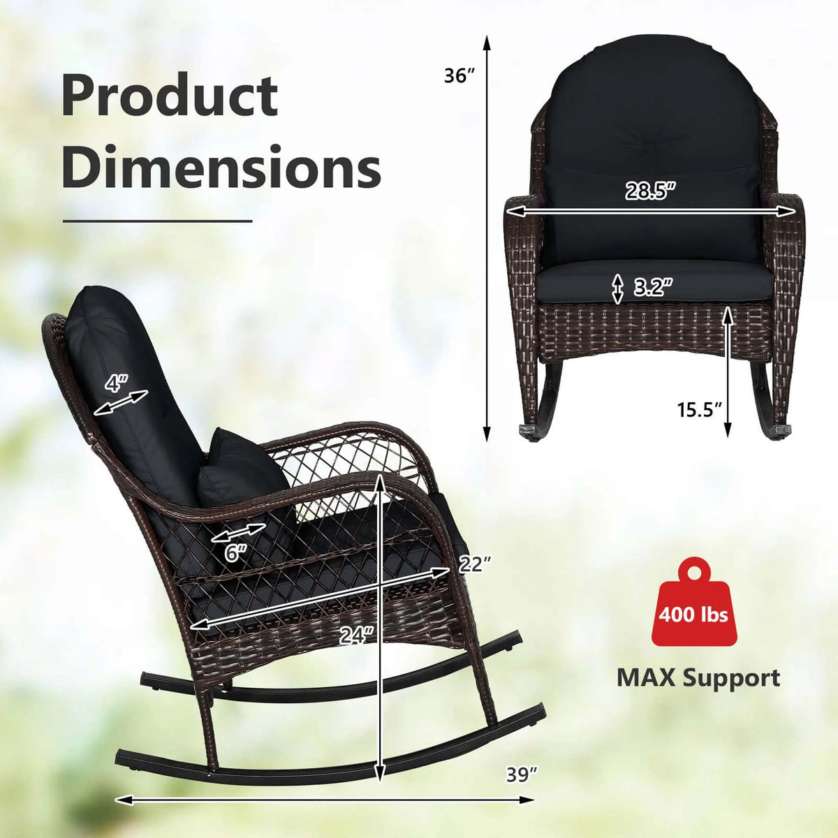 Costway Patio Wicker Rocking Chair W/Seat Back Cushions & Lumbar Pillow Porch Off White