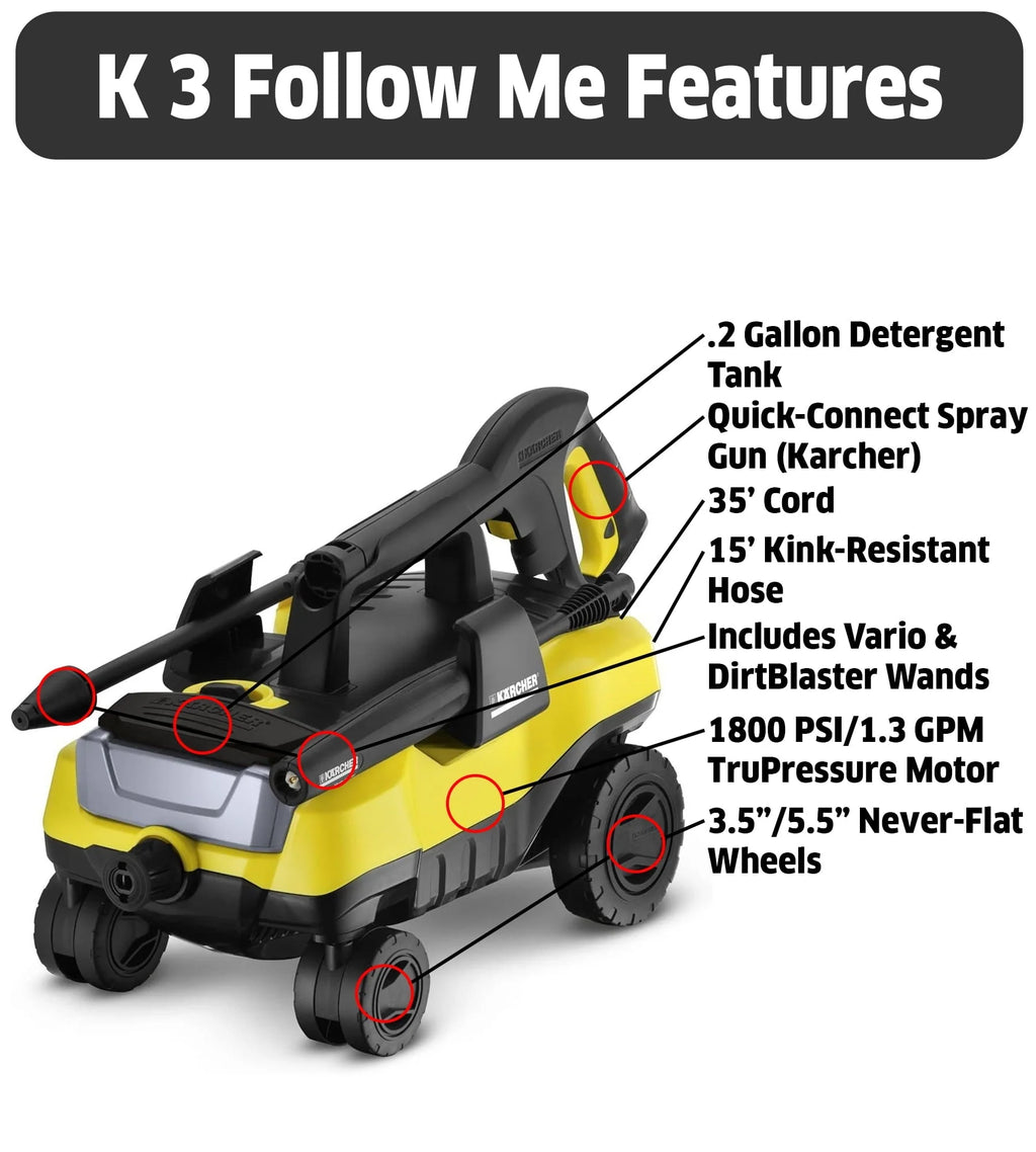 Kärcher K3 Follow Me Electric Pressure Washer 2100 Max PSI 1.3 GPM �?Vario & DirtBlaster Wand - New