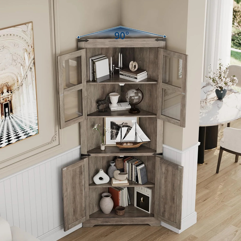 67" Tall Corner Storage Cabinet with Lights, Farmhouse Corner Hutch Display Cabinet with Glass Doors, Wooden Storage Organizer for Kitchen, Living Room, Bathroom, Washed Grey