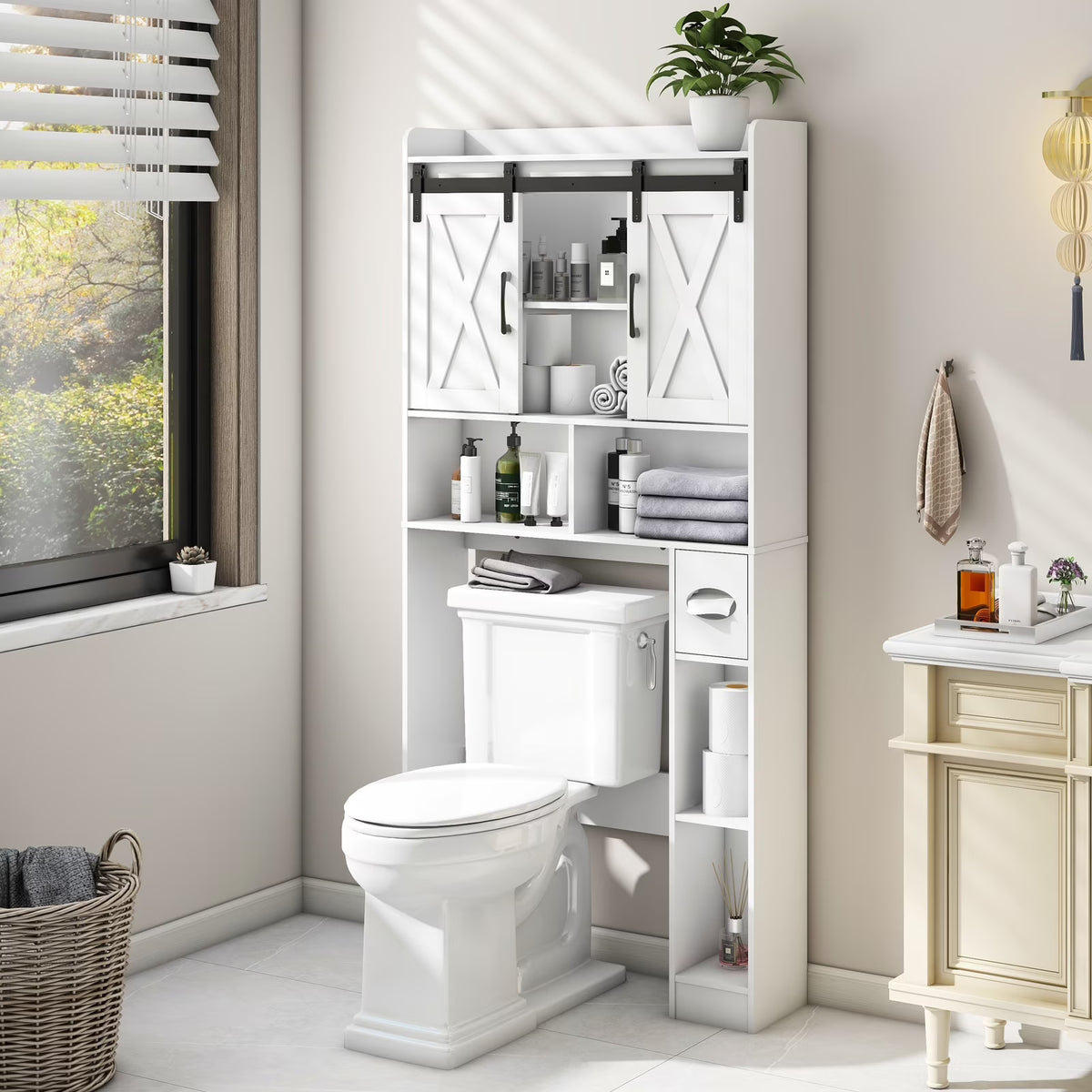 Over The Toilet Storage Cabinet, Farmhouse Storage Cabinet Over Toilet with Sliding Doors��Home Space-Saving Toilet Rack, for Bathroom, Restroom, Laundry
