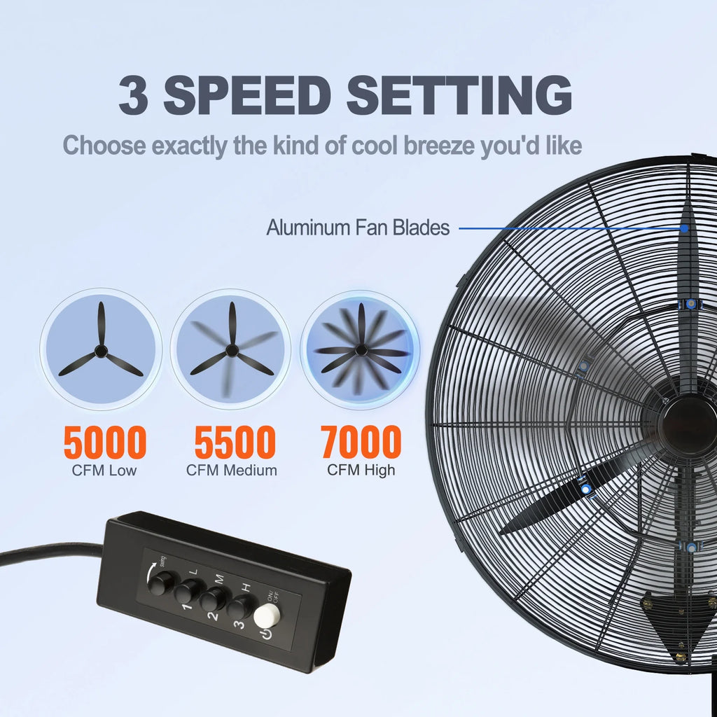 VEVOR Wall-Mount Misting Fan Oscillating Metal Fan 24.3'' 3 Speed Waterproof