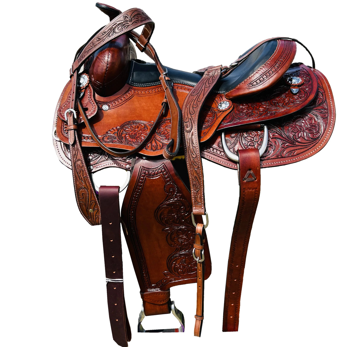 Resistance Western Horse Pleasure Adult Saddle with Floral Tooled - Genuine Leather 15" 16" 17" 18" & 20" With Free Tack Set