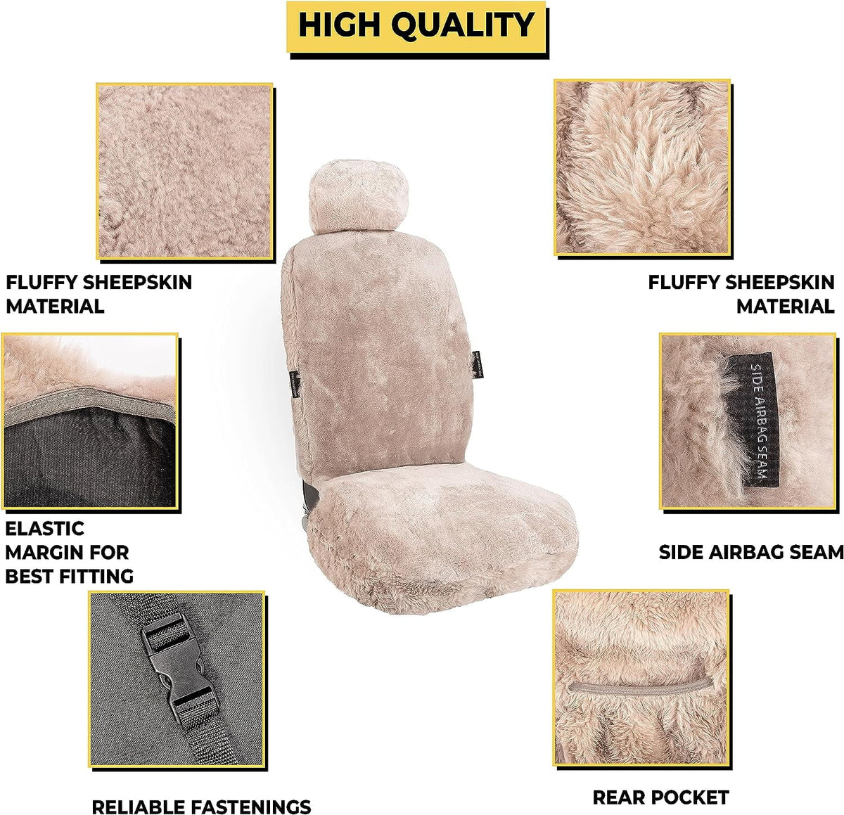 Zone Tech Genuine Sheepskin Ivory Car Seat Cover, Fluffy Luxury Wool Front Seat Covers, Universal Fits Car, Truck, SUV, & Van
