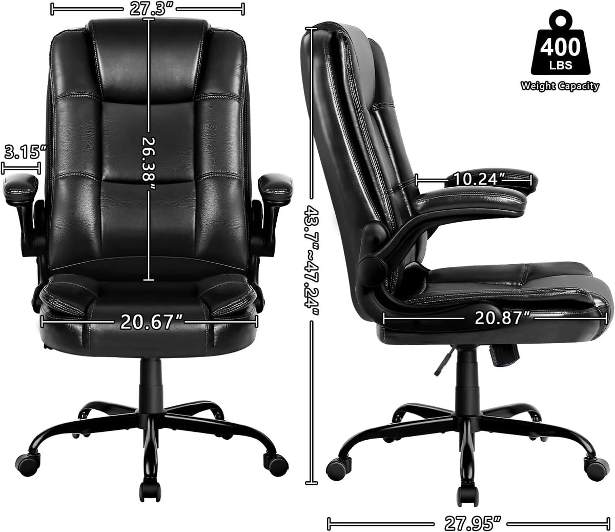 Office Chair - Ergonomic Leather Office Chair Computer Desk Chair, Comfortable High Back Office Chair with Adjustable Flip-up Armrest, Executive Leather Office Desk Chair with Smooth Wheels, Black