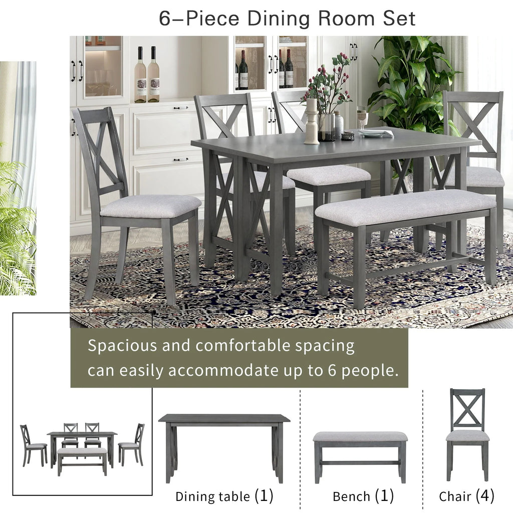 HANSHE Dining Table Set for 6, Farmhouse Dining Table Set with Foldable Table, Bench & 4 Chairs, Kitchen Table Sets with Chairs, Dining Room Set for Home Apartment Dorm, Gray