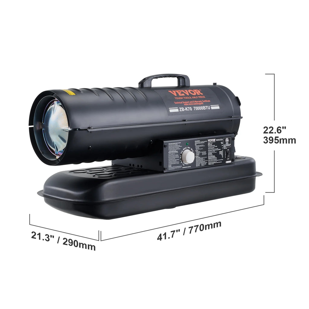 VEVOR Kerosene Forced Air Heater, 70000 BTU Portable Torpedo Diesel Space Heater with Thermostat, 5 Gallon Tank Energy-Efficient heavy-duty Heater, for Indoor Outdoor Use Workshop Industry
