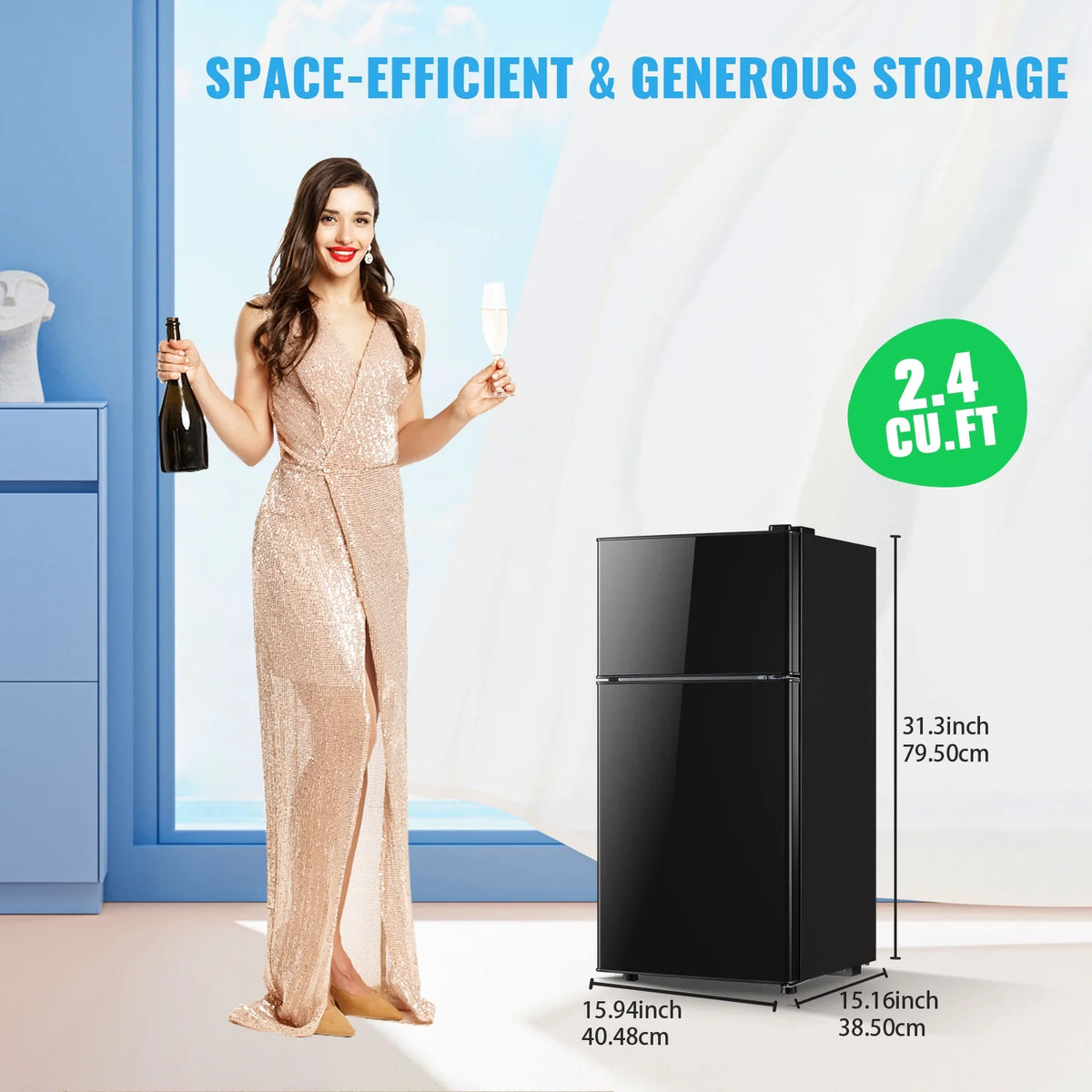 DEMULLER 2.4 Cu.ft Refrigerator Mini Fridge with Freezer Dual Door Personal Fridge New Silver Sale