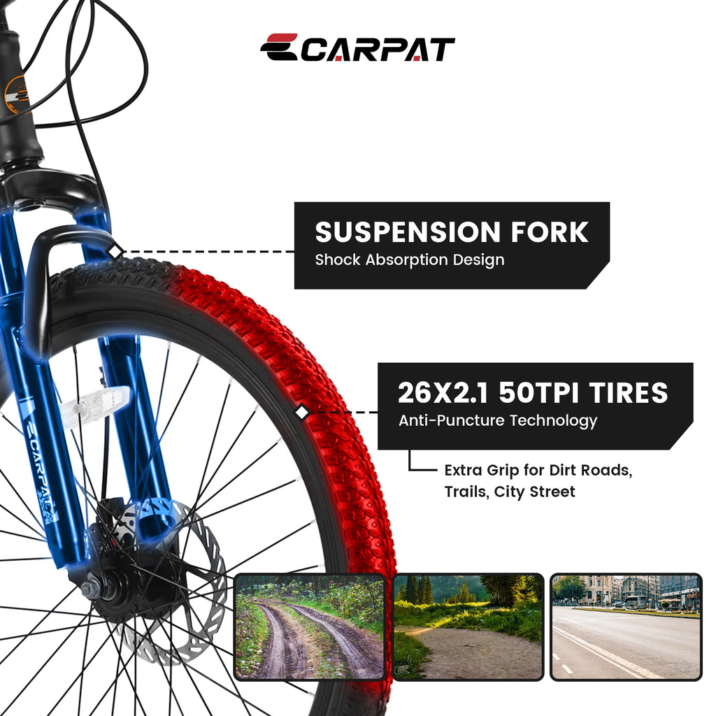 26 Inch Mountain Bike, Shimano 21 Speeds w/Mechanical Disc Brakes, High-Carbon Steel Frame, Suspension MTB Bikes Mountain Bicycle for Adult & Teenagers