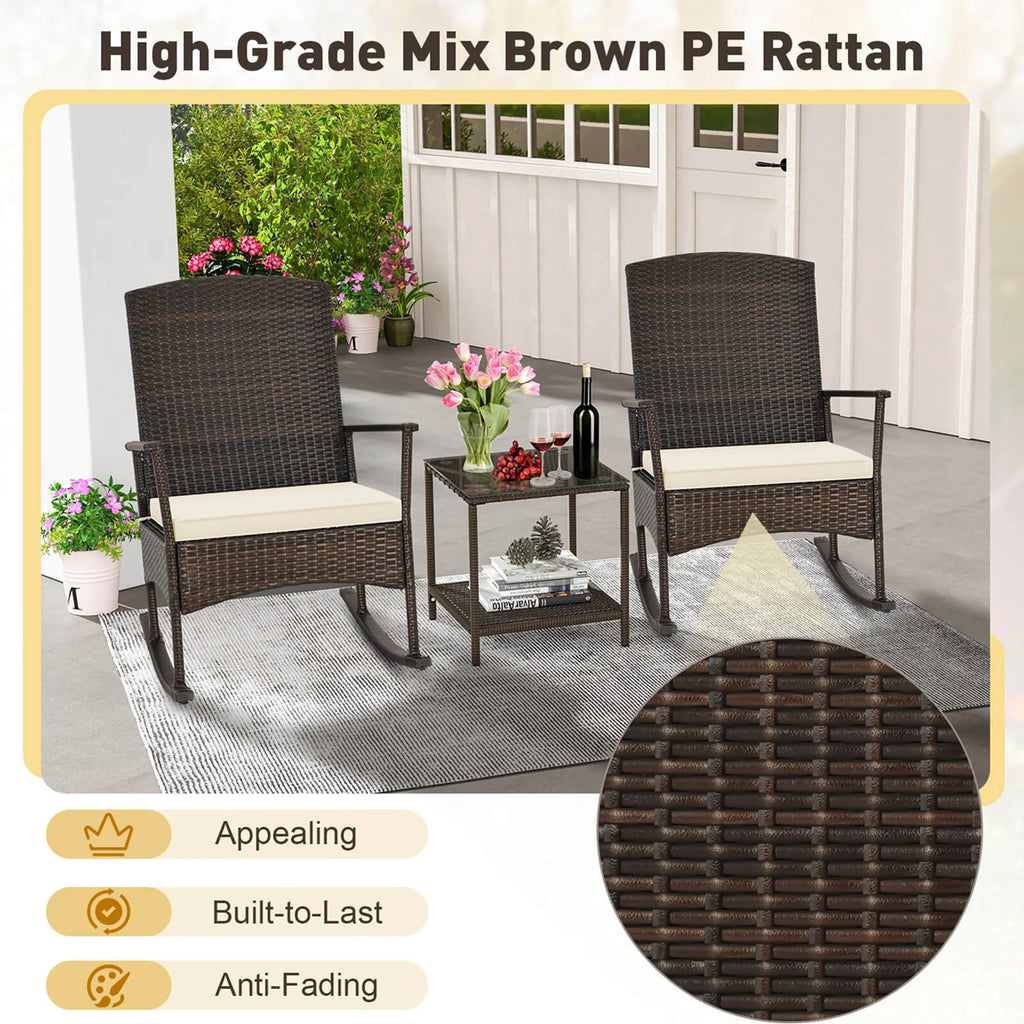 Costway Serenity 3 Piece Patio Rocking Wicker Rockers with White Cushions 2 Tier Coffee Table
