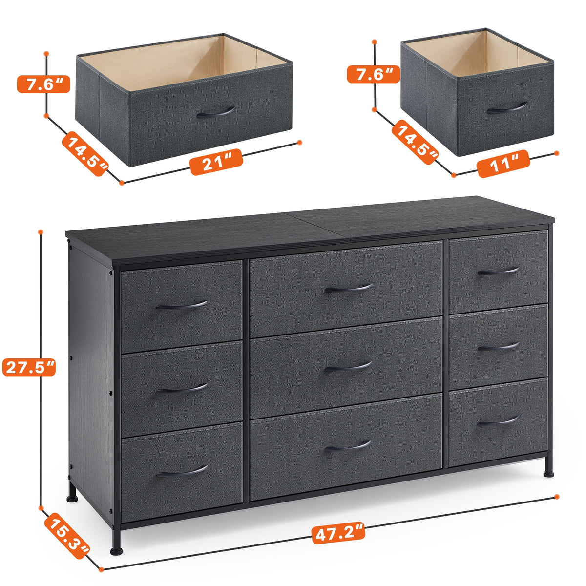 Wide Dresser TV Stand with 9 Drawers Dresser for Bedroom Chests of Drawers for Living Room, Black