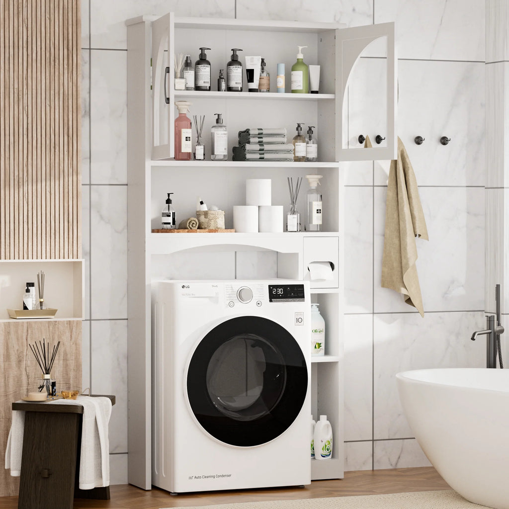 HARIPUL Over The Toilet Storage Cabinet w/ Unique Wood Grain & Arc Design, Freestanding Bathroom Shelf Organizer Space Saver w/ Doors & Anti-Tip Device, Wood Color