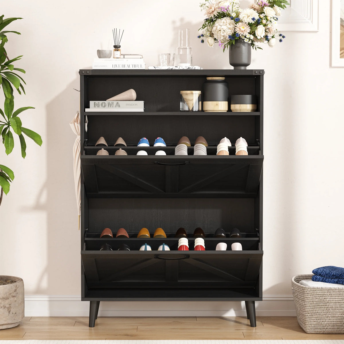 Veanerwood Shoe Cabinet with 2 Flip Drawers Farmhouse Shoe Storage Cabinet Organizer for Entryway, Gray