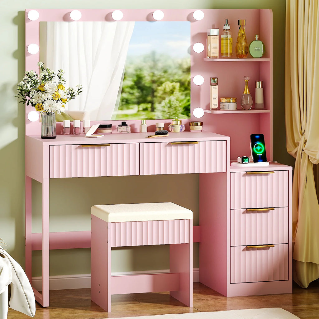 Ktaxon Flutted Makeup Vanity Table Set with 5 Drawer, Dressing Table w/Charging Station, Vanity Desk for Femal Gift, White