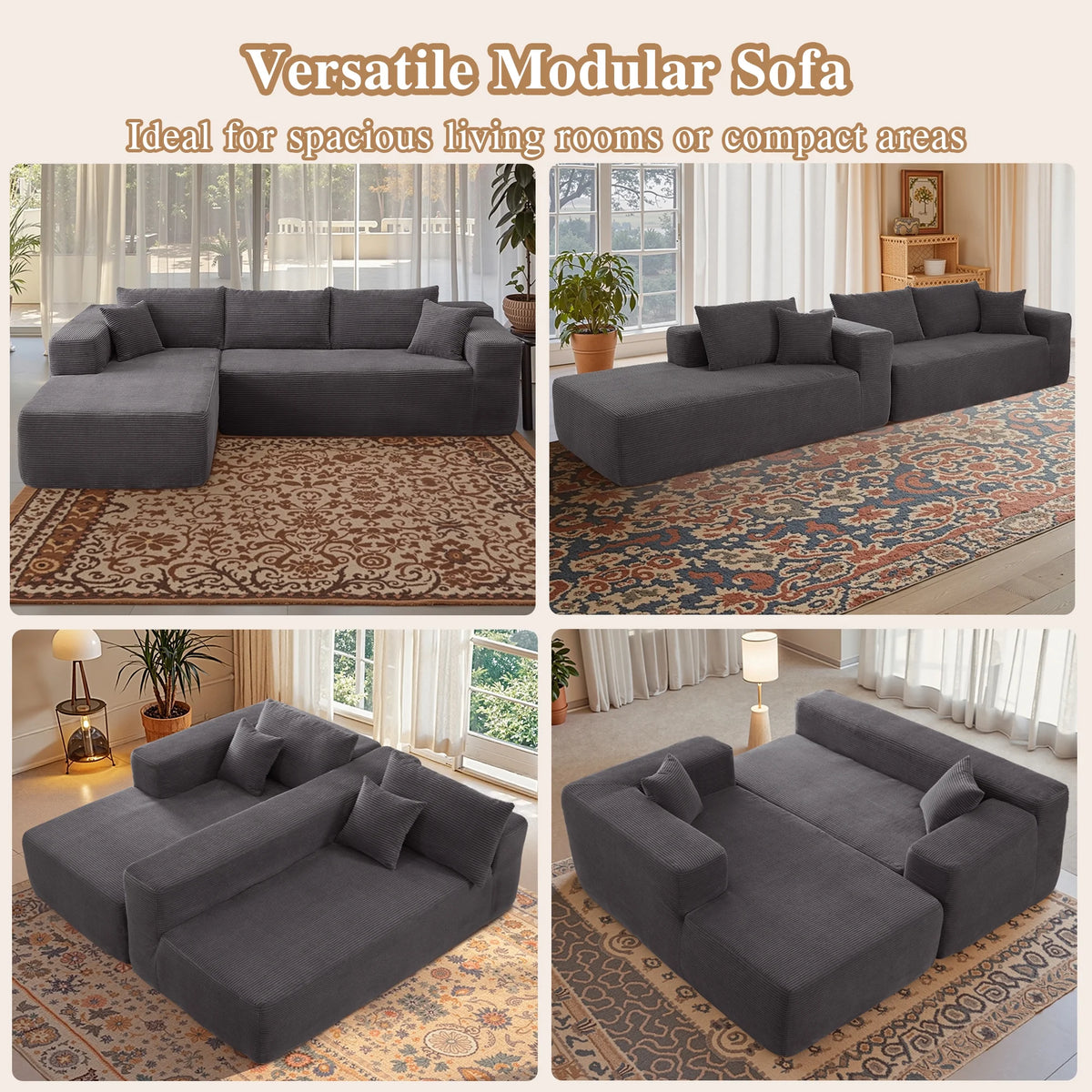 Ovios 106" L-Shaped Sectional Sofa Modern Modular Cloud Couch with Deep Seating Upholstered Sofa for Living Room Bedroom, No Assembly Required, Black(Corduroy)