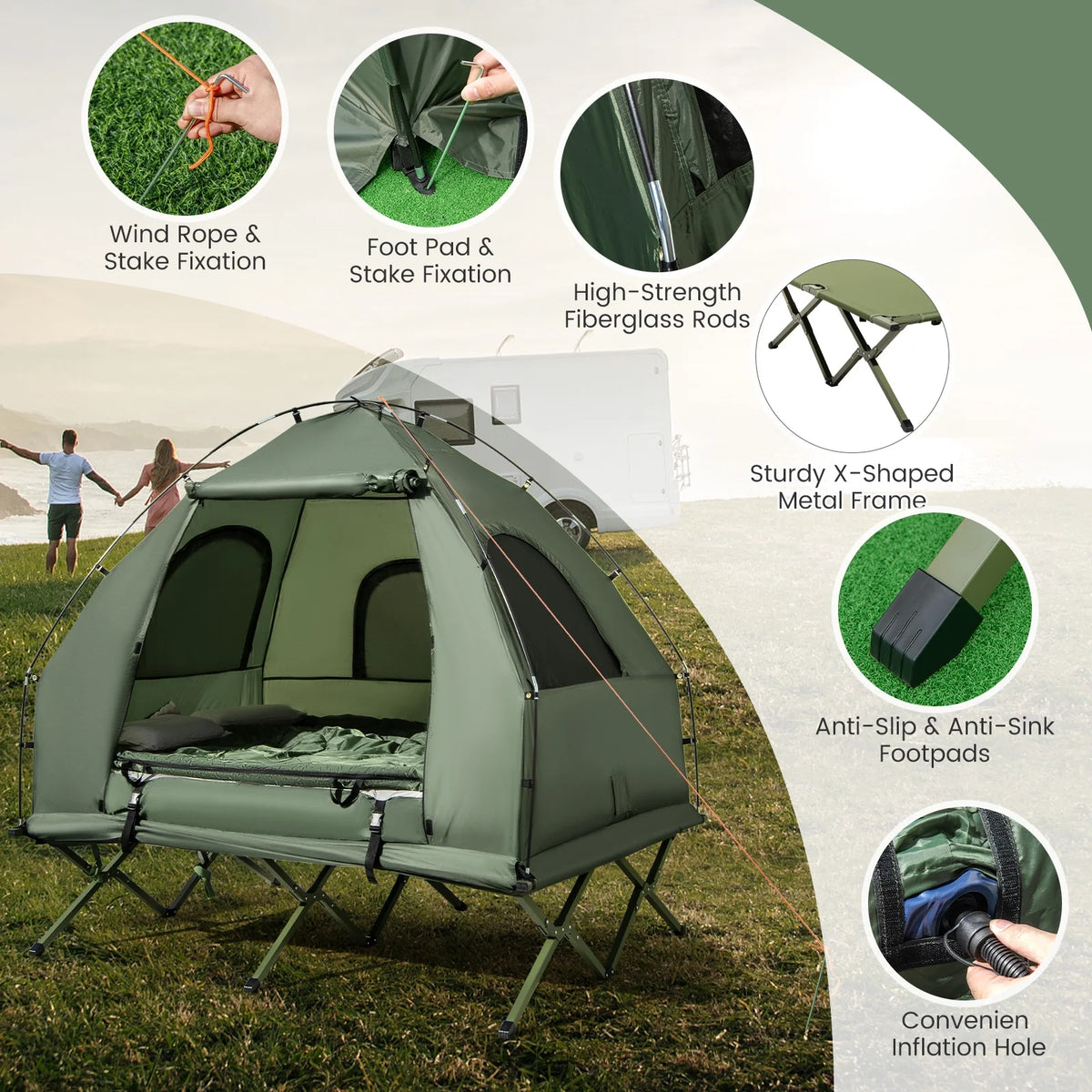 Gymax 2-Person Camping Tent Cot 5-in-1 Folding Camping Bed w/ Air Mattress Pillow Sleeping Bag