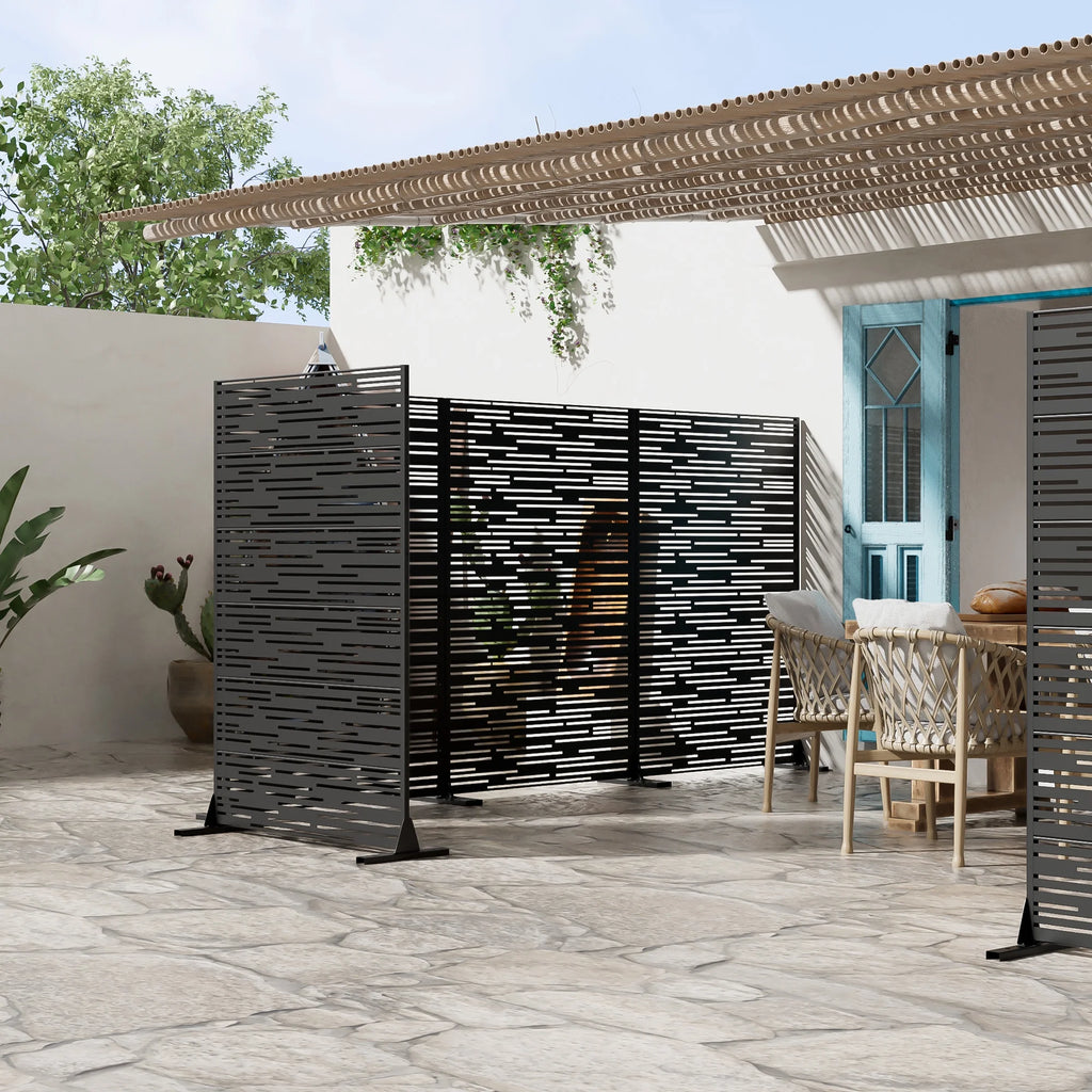 MAYEERTY 72 �� 47in Outdoor Privacy Screen with Stand Metal Balcony Decorative Screen, Black