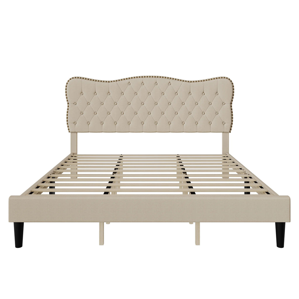 Homhougo King Size Bed Frame Upholstered Platform, Bed Frame with Square Velvet Headboard, Wooden Slats Support, Non-Slip and Noise-Free, No Box Spring Needed, Easy Assembly(Light Gray)