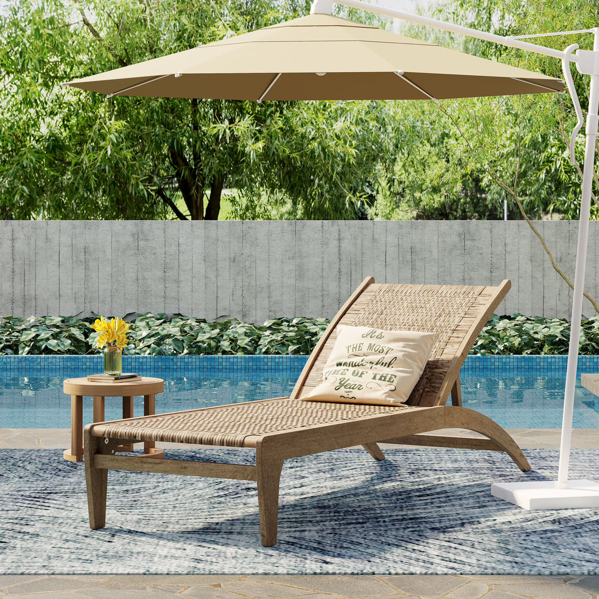 Shane Acacia Wood and Flat Wicker Outdoor Chaise Lounge, Light Brown and Light Multibrown