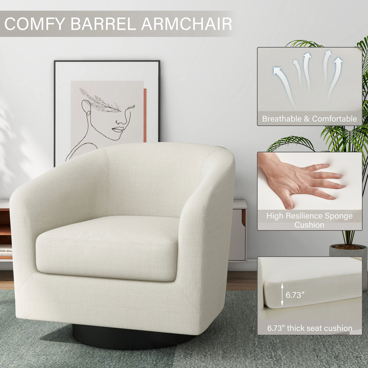 DREAMSIDEA Swivel Barrel Accent Chair for Living Room, Modern Upholstered Round Club Armchair-Cream