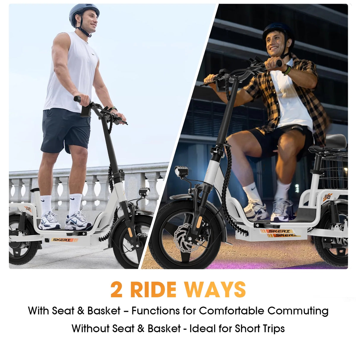 Skeri Electric Scooter with Seat for Adult and Basket, 14 Inch Tire Electric Scooter with Dual Shock Absorbers, 350W Motor with 25-Mile Range, Speed Up to 20 MPH (Gen 2.0)