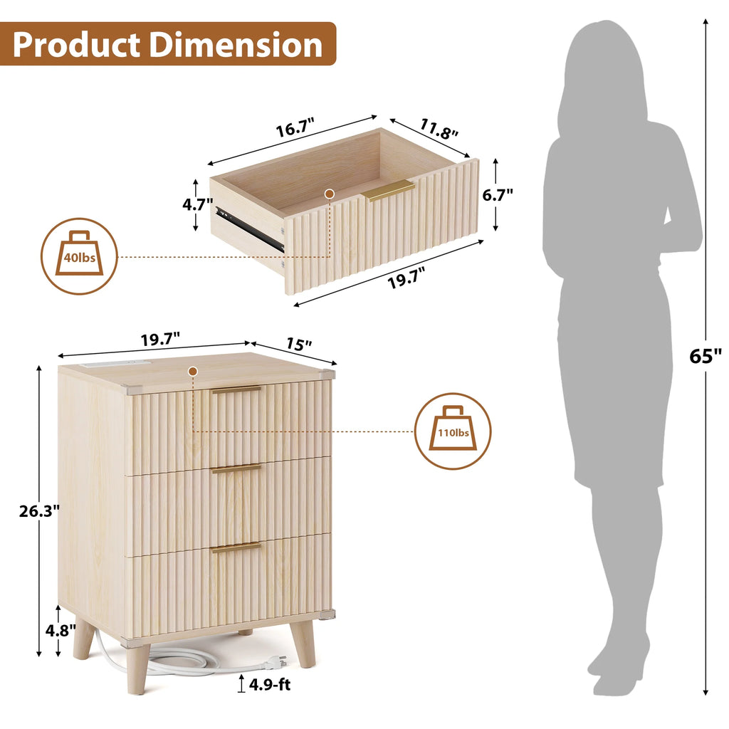GIKPAL Night Stands for Bedroom, Modern Bedside Table with 3 Drawers & Charging Station,Fluted Panel End Tables for Bedroom  & Living Room, Natural