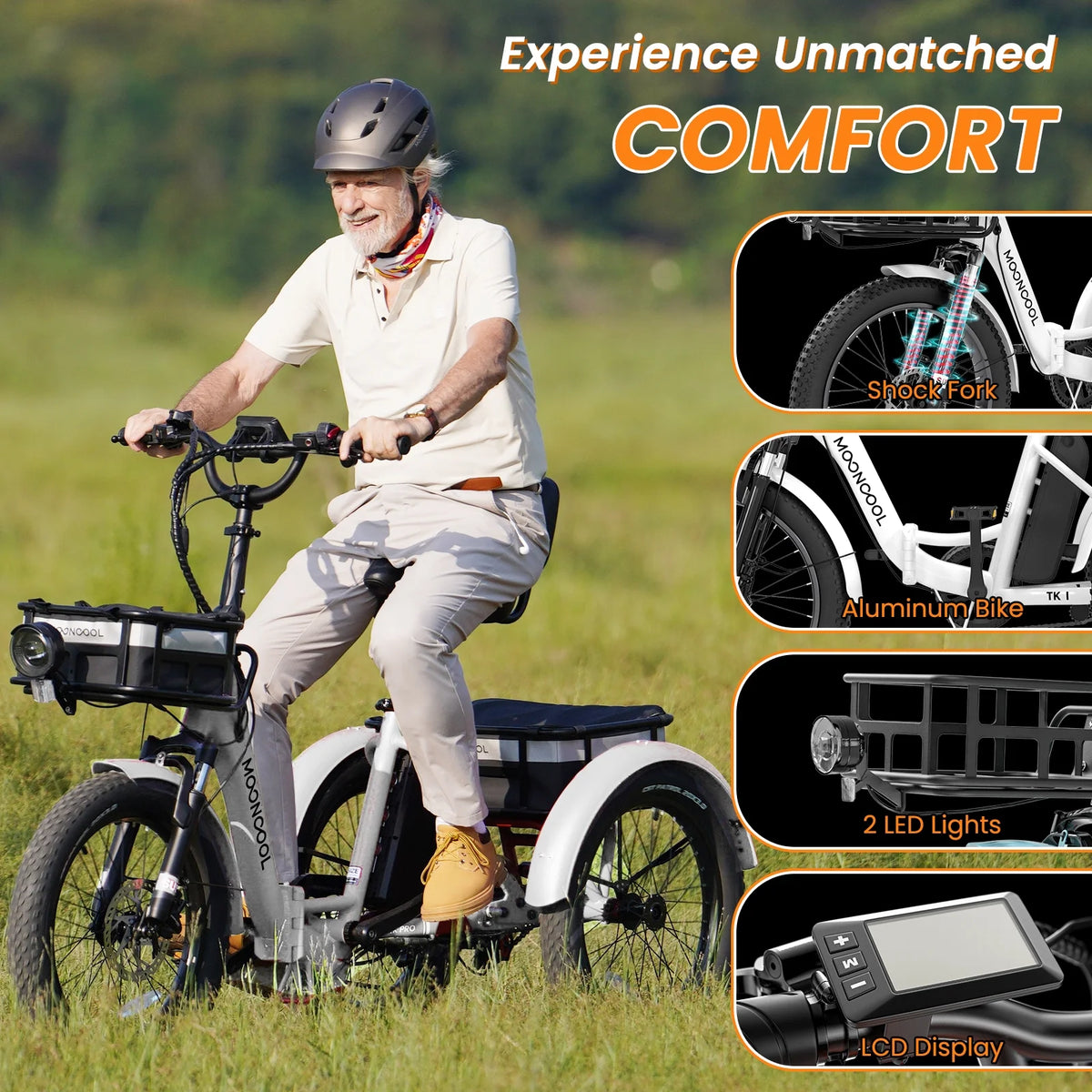 MOONCOOL TK1 Folding Electric Tricycle for Adults,48V 14.5Ah Removable battery, 500W（Peak 1000w）Motor, 20" Fat Tire Step-Thru 3Wheel Electric Bicycle w/Front&Rear Baskets, Certified to UL 2849 by SGS