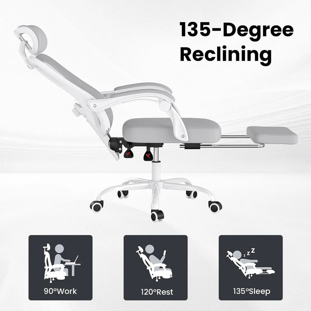 STARY Ergonomic Office Chair with Footrest, High Back Mesh Desk Chair with Adjustable Headrest & Lumbar Support, Comfortable Computer Chair for Home Office Study, White & Beige