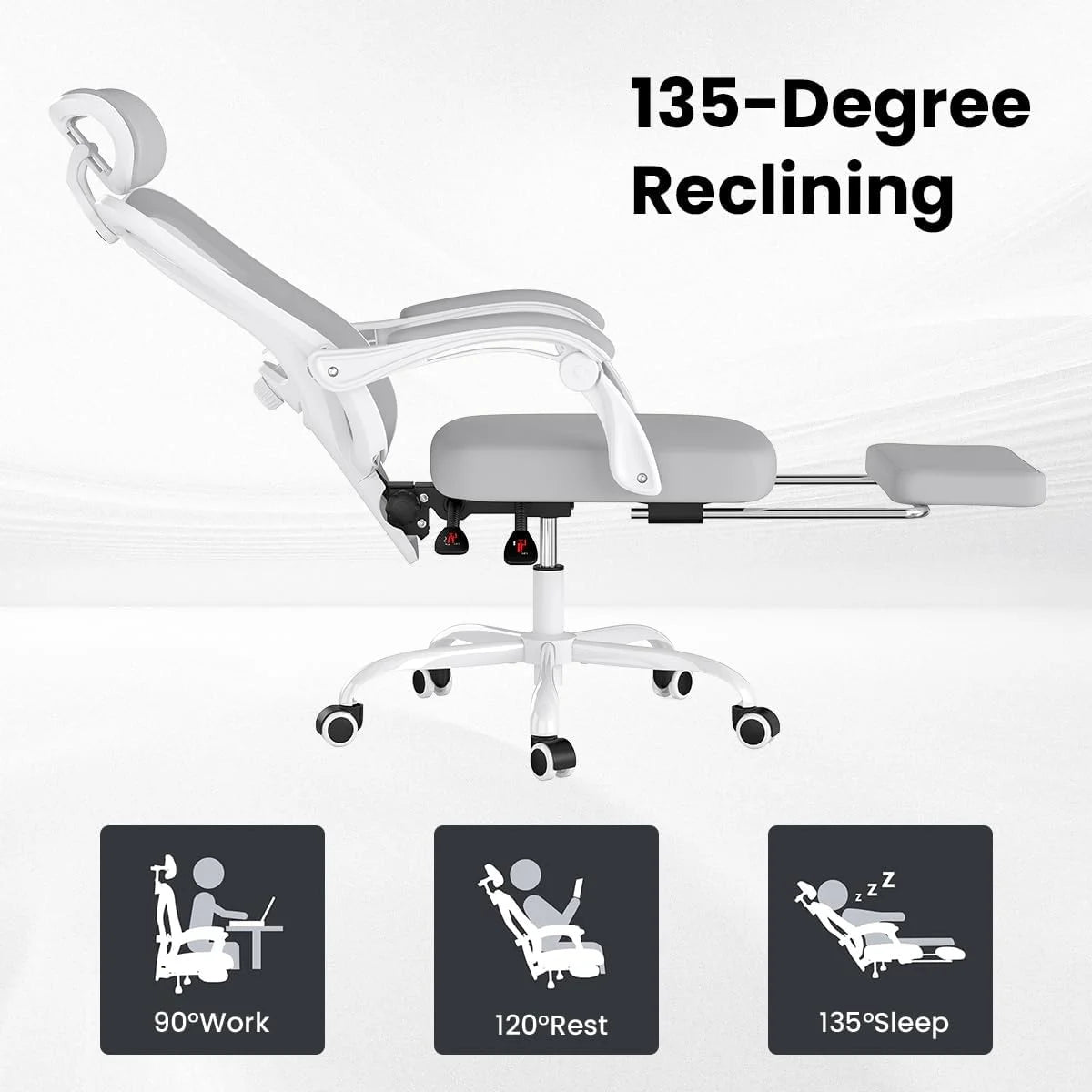 STARY Ergonomic Office Chair with Footrest, High Back Mesh Desk Chair with Adjustable Headrest & Lumbar Support, Comfortable Computer Chair for Home Office Study, White & Beige