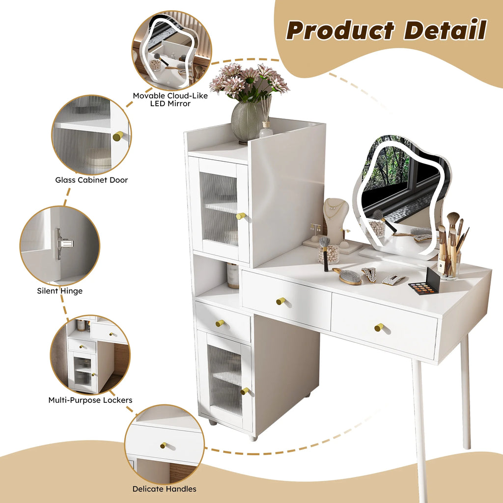 Montary Modern Mini Vanity w/Adjustable LED Mirror + Hidden Storage, Padded Stool & Dustproof Shelves (White)