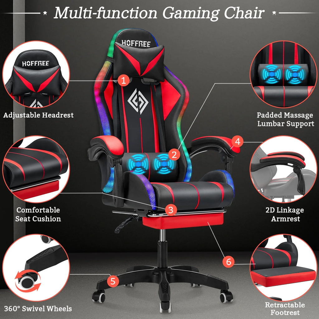 Hoffree Gaming Chair with Bluetooth Speakers and Footrest Massage Office Chair with LED Lights Ergonomic Game Chair High Back with Lumbar Support and Headrest Adjustable Swivel for Adults 300lb